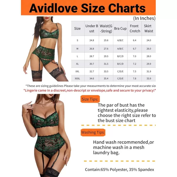 Avidlove Women Lingerie Set High Waisted Underwire Lingerie With Garter Belt Lace BabydollGreen