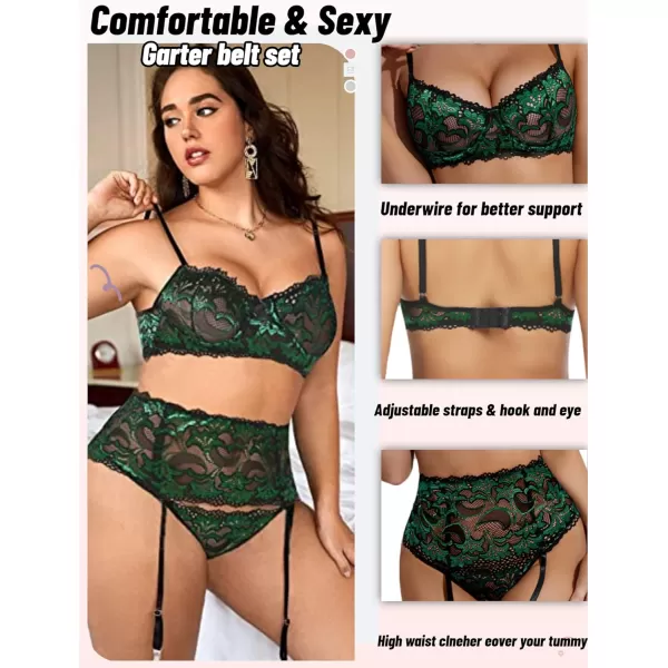 Avidlove Women Lingerie Set High Waisted Underwire Lingerie With Garter Belt Lace BabydollGreen