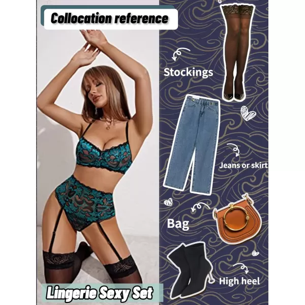 Avidlove Women Lingerie Set High Waisted Underwire Lingerie With Garter Belt Lace BabydollGreen Blue