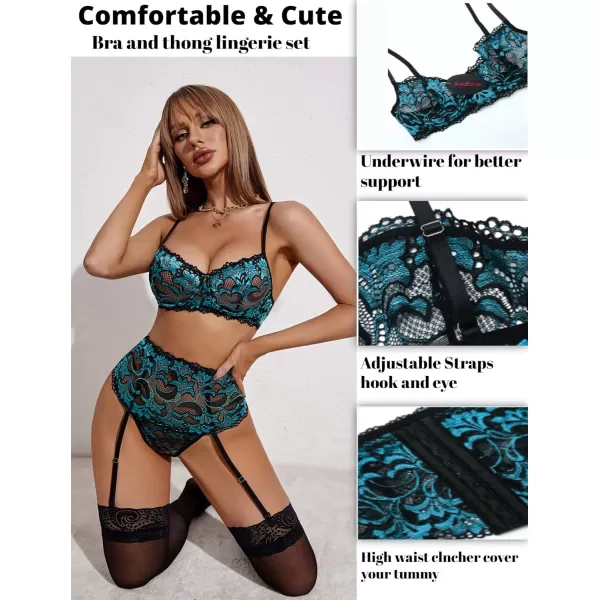 Avidlove Women Lingerie Set High Waisted Underwire Lingerie With Garter Belt Lace BabydollGreen Blue