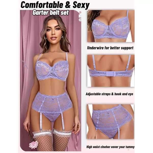 Avidlove Women Lingerie Set High Waisted Underwire Lingerie With Garter Belt Lace BabydollLight Purple