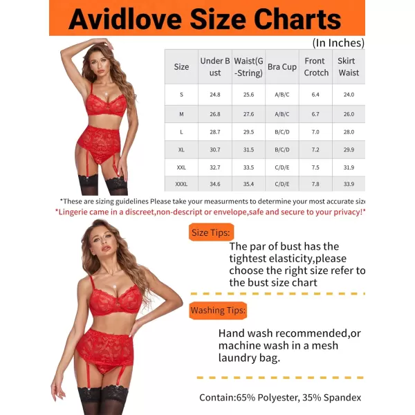 Avidlove Women Lingerie Set High Waisted Underwire Lingerie With Garter Belt Lace BabydollPure Red