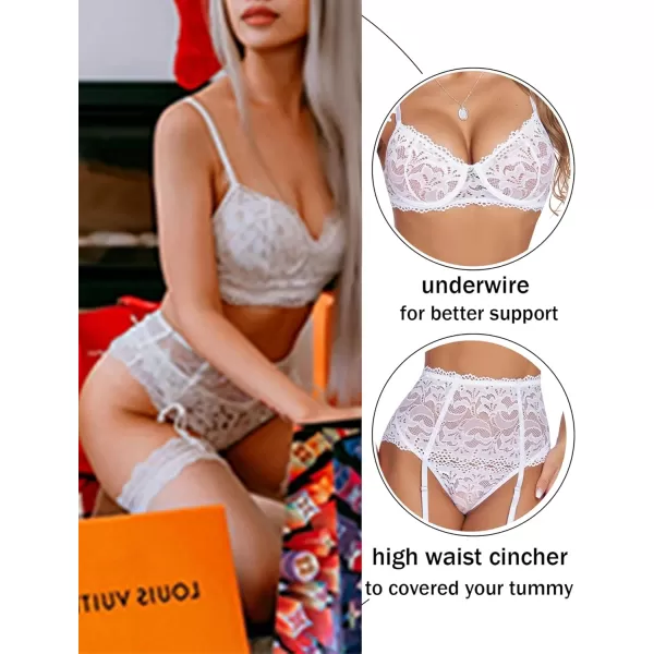 Avidlove Women Lingerie Set High Waisted Underwire Lingerie With Garter Belt Lace BabydollPure White