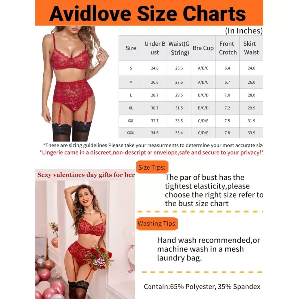 Avidlove Women Lingerie Set High Waisted Underwire Lingerie With Garter Belt Lace BabydollRed2