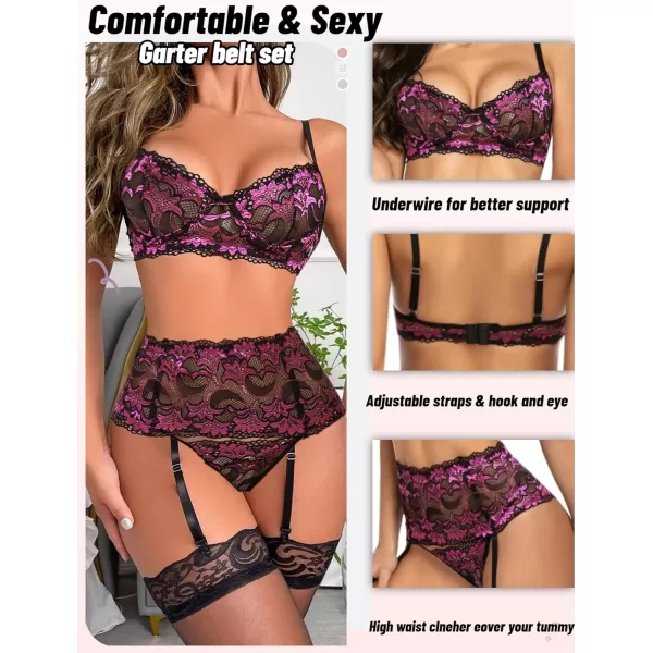 Avidlove Women Lingerie Set High Waisted Underwire Lingerie With Garter Belt Lace BabydollRose Red