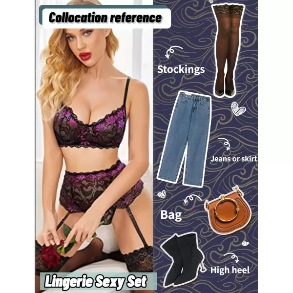 Avidlove Women Lingerie Set High Waisted Underwire Lingerie With Garter Belt Lace BabydollRose Red