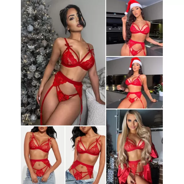 Avidlove Women Lingerie Set Lace Teddy Strap Babydoll Bodysuit with Garter BeltsB Red