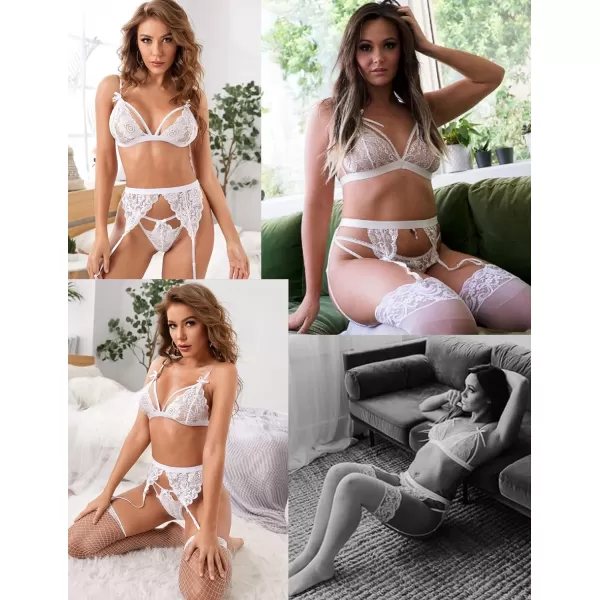 Avidlove Women Lingerie Set Lace Teddy Strap Babydoll Bodysuit with Garter BeltsBride White