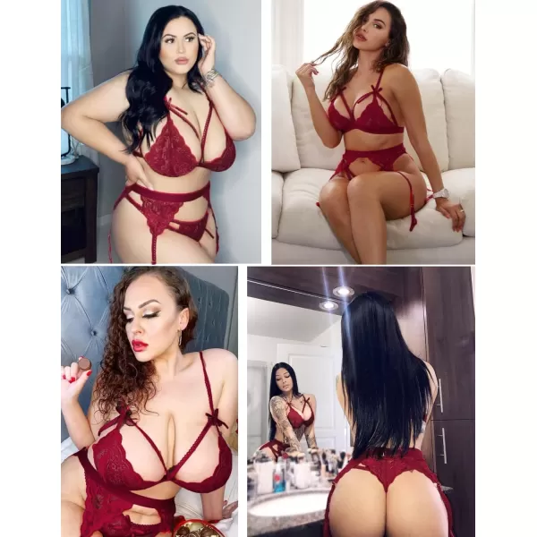 Avidlove Women Lingerie Set Lace Teddy Strap Babydoll Bodysuit with Garter BeltsCherry Red