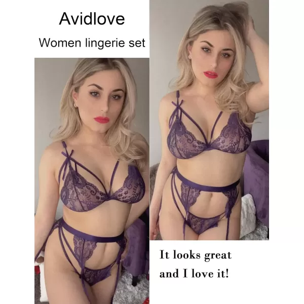 Avidlove Women Lingerie Set Lace Teddy Strap Babydoll Bodysuit with Garter BeltsDark Purple