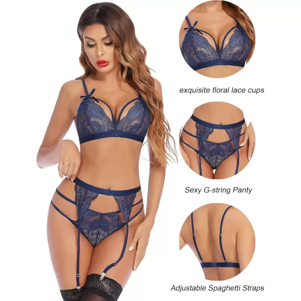 Avidlove Women Lingerie Set Lace Teddy Strap Babydoll Bodysuit with Garter BeltsNavy Blue