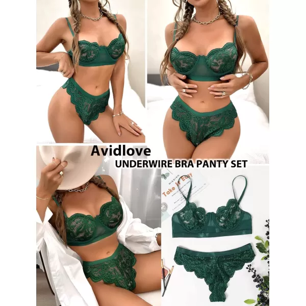 Avidlove Women Lingerie Sexy Sets with Underwire Lace Bra and Panty Set Push Up Two Piece LingerieDark Greenwith Underwire