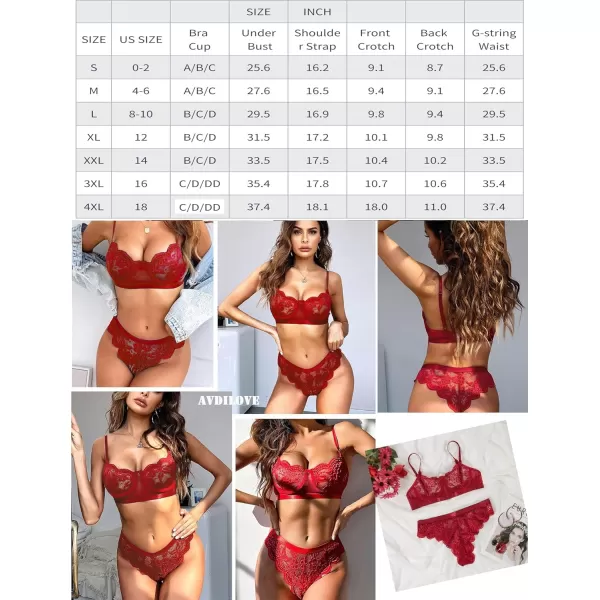 Avidlove Women Lingerie Sexy Sets with Underwire Lace Bra and Panty Set Push Up Two Piece LingerieWine Redwith Underwire