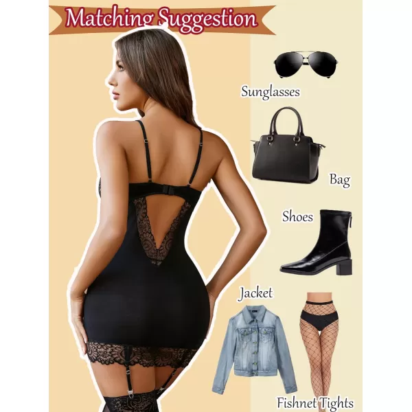 Avidlove Women Lingerie Teddy Bodysuit with Garter Belt Lace Babydoll Full Slips No Stockings1 Black