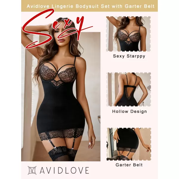 Avidlove Women Lingerie Teddy Bodysuit with Garter Belt Lace Babydoll Full Slips No Stockings1 Black
