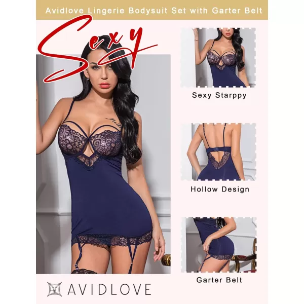 Avidlove Women Lingerie Teddy Bodysuit with Garter Belt Lace Babydoll Full Slips No Stockings1 Blue