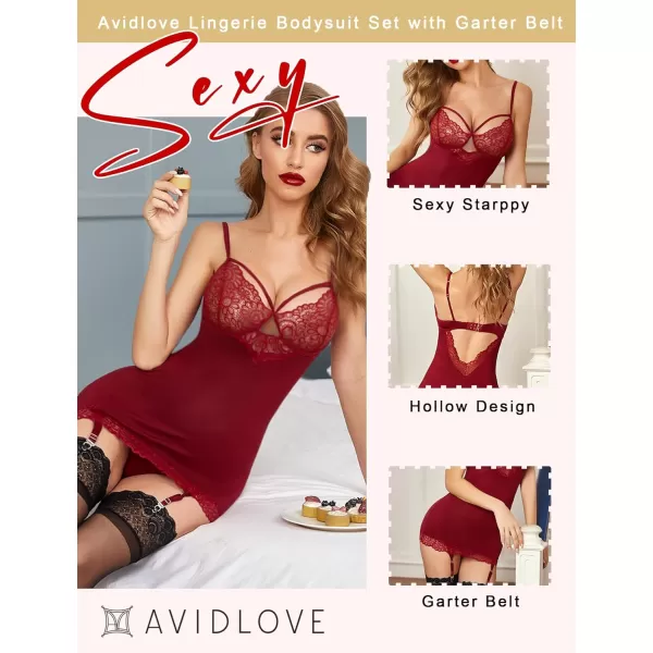 Avidlove Women Lingerie Teddy Bodysuit with Garter Belt Lace Babydoll Full Slips No Stockings1 Dark Red