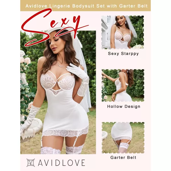 Avidlove Women Lingerie Teddy Bodysuit with Garter Belt Lace Babydoll Full Slips No Stockings1 White