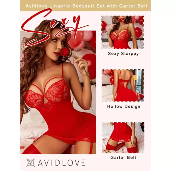 Avidlove Women Lingerie Teddy Bodysuit with Garter Belt Lace Babydoll Full Slips No StockingsA Red