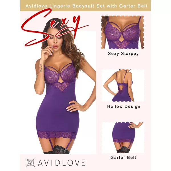 Avidlove Women Lingerie Teddy Bodysuit with Garter Belt Lace Babydoll Full Slips No StockingsPurple