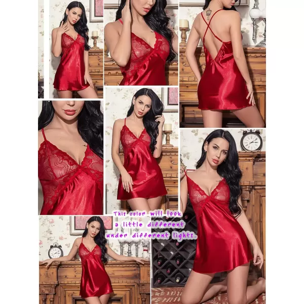 Avidlove Women Lingerie V Neck Nightwear Satin Sleepwear Lace Chemise Mini TeddyA Red