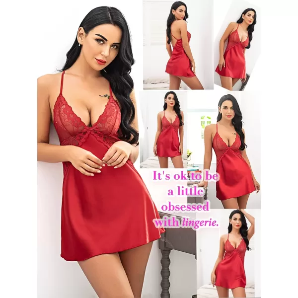 Avidlove Women Lingerie V Neck Nightwear Satin Sleepwear Lace Chemise Mini TeddyA Red