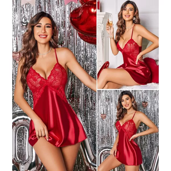 Avidlove Women Lingerie V Neck Nightwear Satin Sleepwear Lace Chemise Mini TeddyA Red