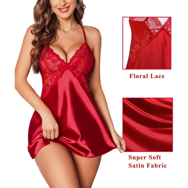 Avidlove Women Lingerie V Neck Nightwear Satin Sleepwear Lace Chemise Mini TeddyA Red