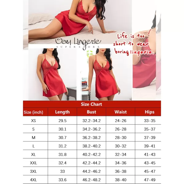 Avidlove Women Lingerie V Neck Nightwear Satin Sleepwear Lace Chemise Mini TeddyA Red