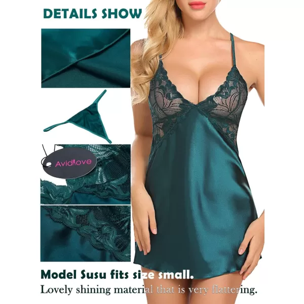 Avidlove Women Lingerie V Neck Nightwear Satin Sleepwear Lace Chemise Mini TeddyB Dark Green