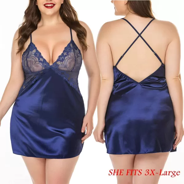 Avidlove Women Lingerie V Neck Nightwear Satin Sleepwear Lace Chemise Mini TeddyB Navy Blue