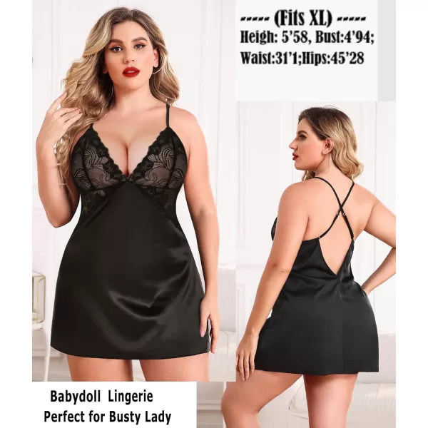 Avidlove Women Lingerie V Neck Nightwear Satin Sleepwear Lace Chemise Mini TeddyBlack