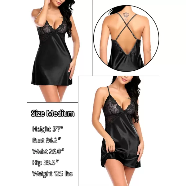 Avidlove Women Lingerie V Neck Nightwear Satin Sleepwear Lace Chemise Mini TeddyBlack