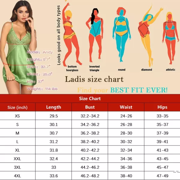 Avidlove Women Lingerie V Neck Nightwear Satin Sleepwear Lace Chemise Mini TeddyKelly Green