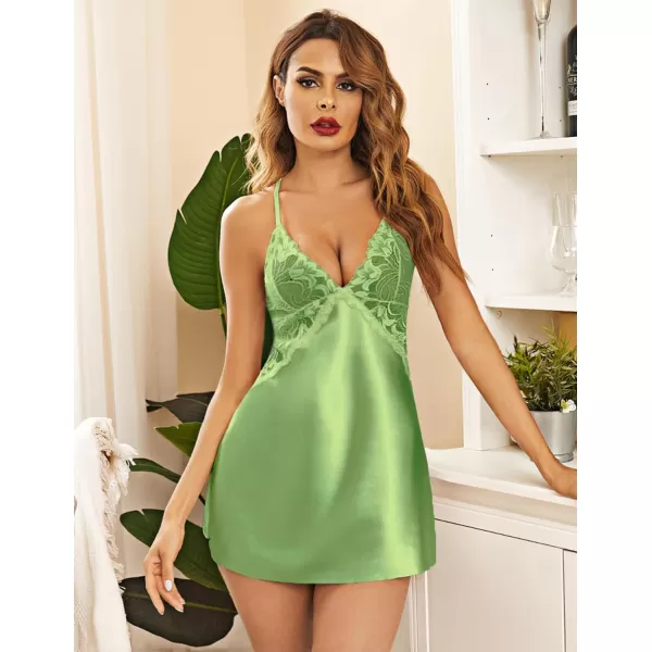 Avidlove Women Lingerie V Neck Nightwear Satin Sleepwear Lace Chemise Mini TeddyKelly Green