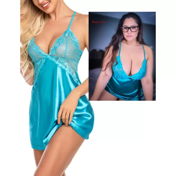 Avidlove Women Lingerie V Neck Nightwear Satin Sleepwear Lace Chemise Mini TeddySky Blue