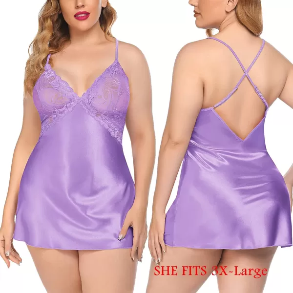 Avidlove Women Lingerie V Neck Nightwear Satin Sleepwear Lace Chemise Mini TeddyViolet