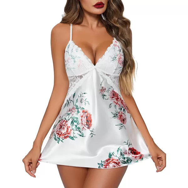 Avidlove Women Lingerie V Neck Nightwear Satin Sleepwear Lace Chemise Mini TeddyWhite Floral