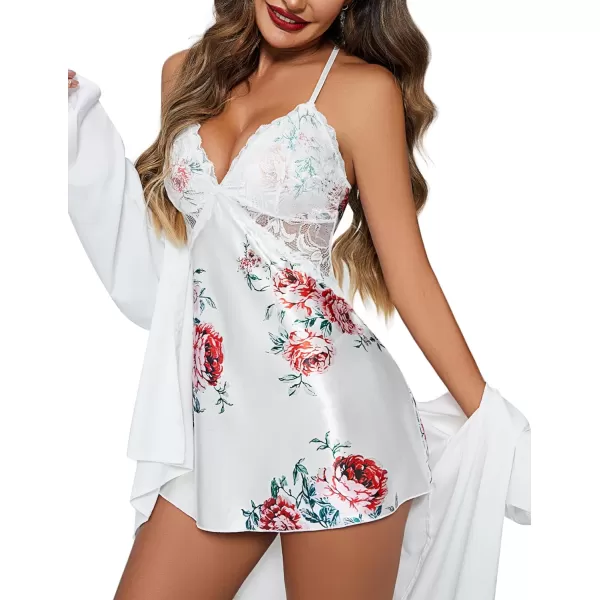 Avidlove Women Lingerie V Neck Nightwear Satin Sleepwear Lace Chemise Mini TeddyWhite Floral