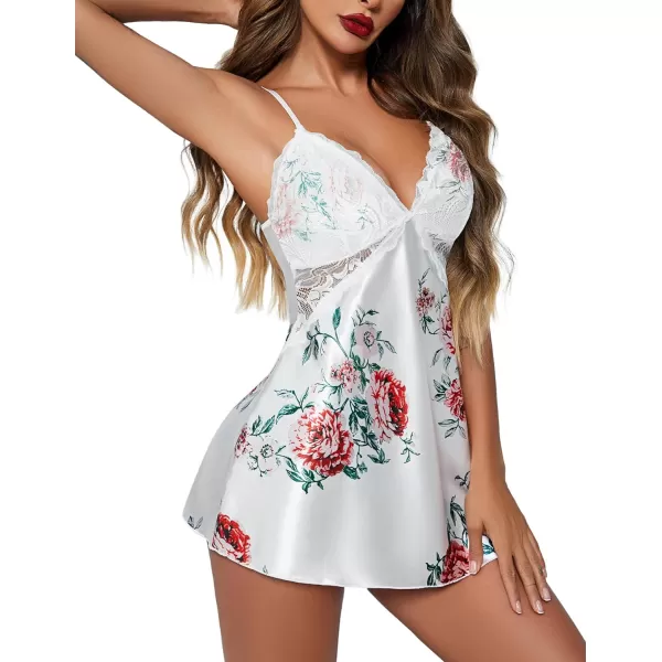 Avidlove Women Lingerie V Neck Nightwear Satin Sleepwear Lace Chemise Mini TeddyWhite Floral