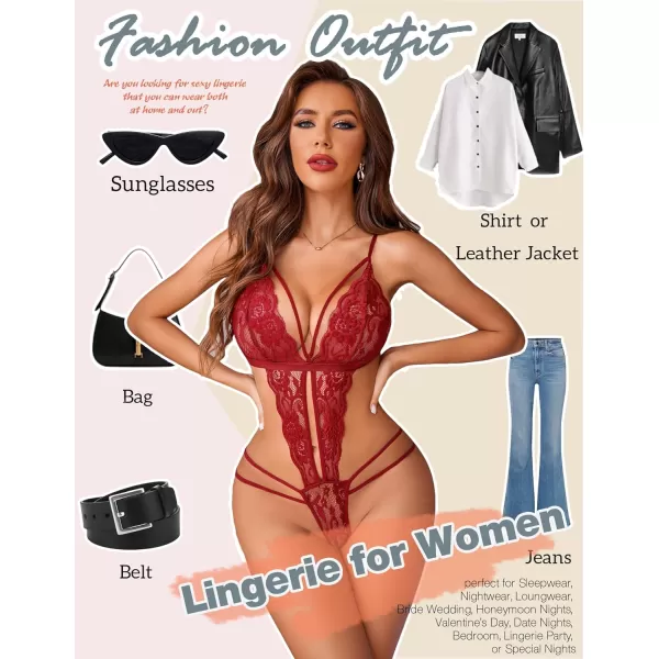 Avidlove Women One Piece Lingerie Deep V Lace Bodysuit Babydoll Teddy Underwear1 Awine Red