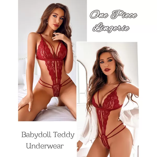 Avidlove Women One Piece Lingerie Deep V Lace Bodysuit Babydoll Teddy Underwear1 Awine Red