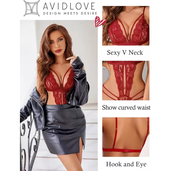 Avidlove Women One Piece Lingerie Deep V Lace Bodysuit Babydoll Teddy Underwear1 Awine Red