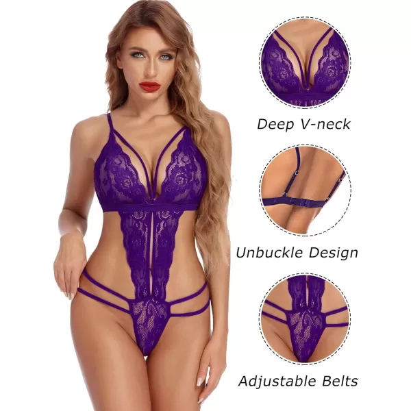 Avidlove Women One Piece Lingerie Deep V Lace Bodysuit Babydoll Teddy Underwear1 Purple