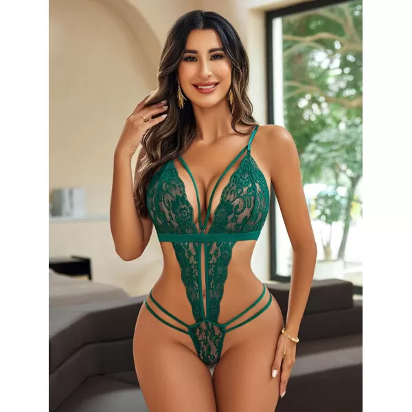 Avidlove Women One Piece Lingerie Deep V Lace Bodysuit Babydoll Teddy UnderwearDark Green