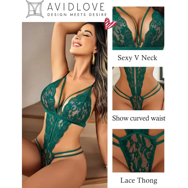 Avidlove Women One Piece Lingerie Deep V Lace Bodysuit Babydoll Teddy UnderwearDark Green