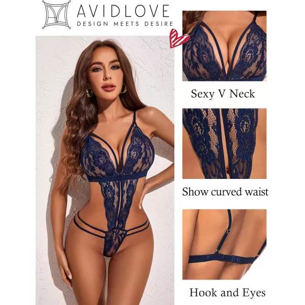 Avidlove Women One Piece Lingerie Deep V Lace Bodysuit Babydoll Teddy UnderwearNavy Blue