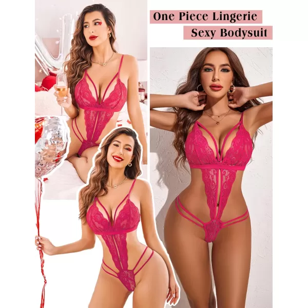 Avidlove Women One Piece Lingerie Deep V Lace Bodysuit Babydoll Teddy UnderwearRose Red