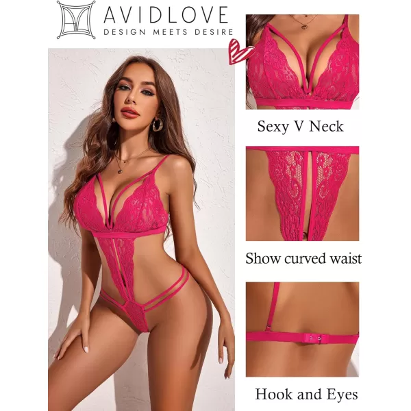 Avidlove Women One Piece Lingerie Deep V Lace Bodysuit Babydoll Teddy UnderwearRose Red