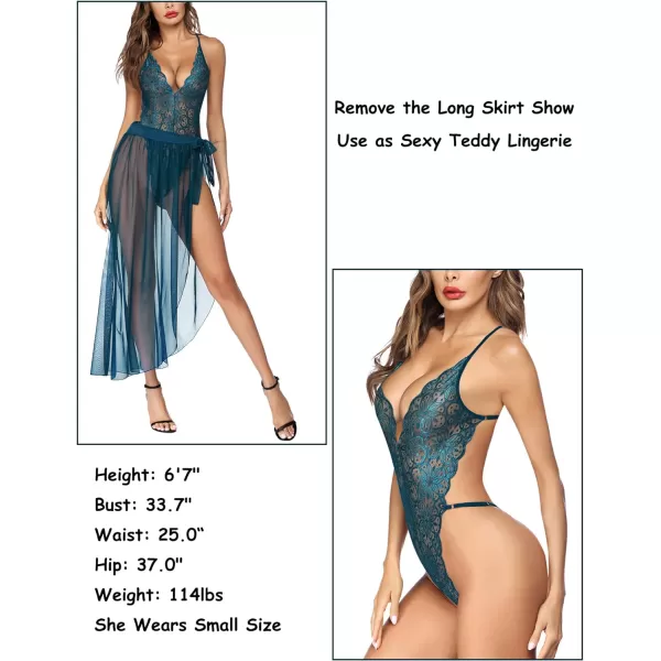 Avidlove Women One Piece Lingerie Deep V Lace Bodysuit Mosaic Lace Teddy Mesh SkirtBlue Green